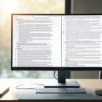 A clean, modern desk setup with a large monitor displaying a split-screen comparison of a long detai