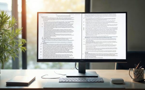 A clean, modern desk setup with a large monitor displaying a split-screen comparison of a long detai