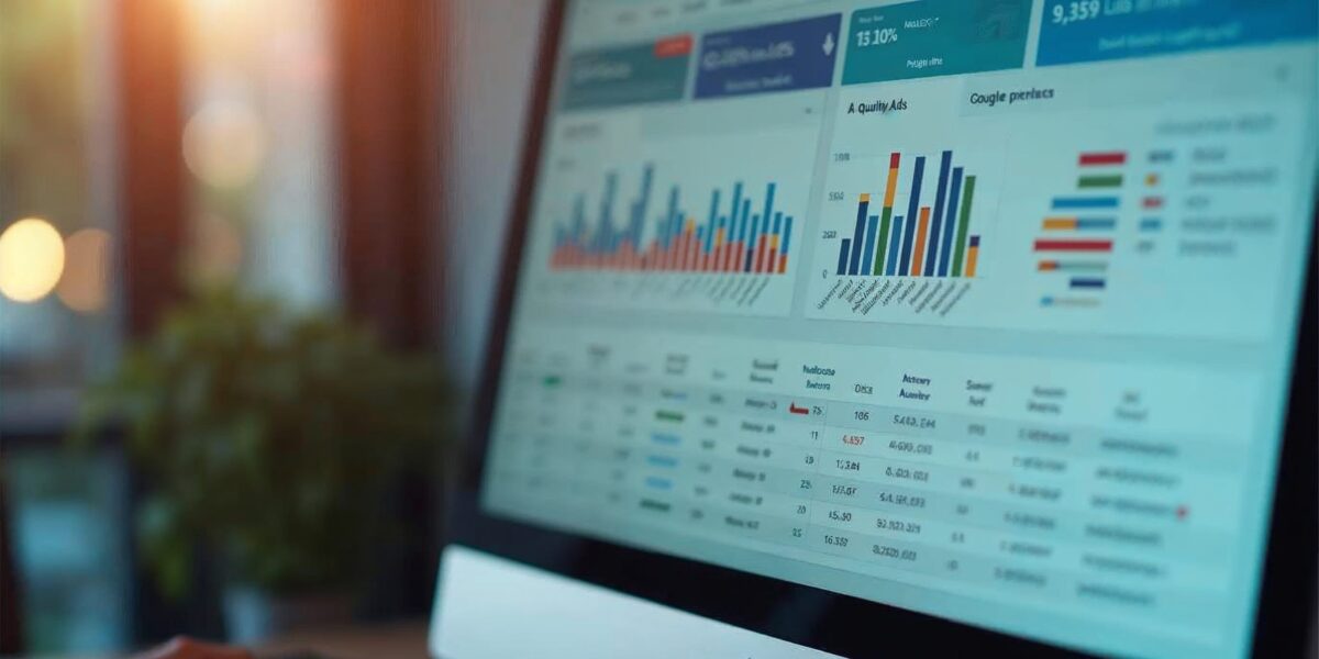 A close-up of a computer monitor displaying a Google Ads dashboard with colorful performance charts,