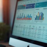 A close-up of a computer monitor displaying a Google Ads dashboard with colorful performance charts,