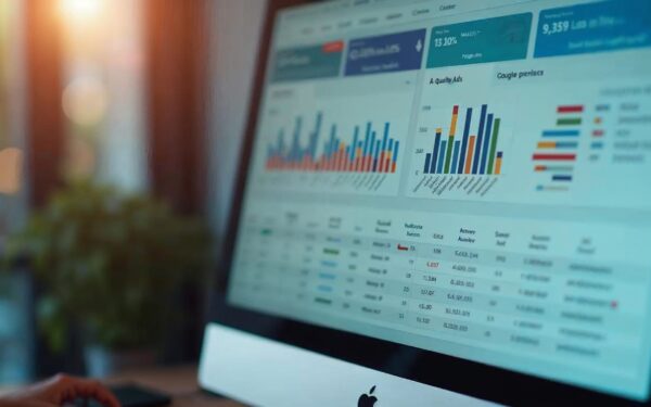 A close-up of a computer monitor displaying a Google Ads dashboard with colorful performance charts,