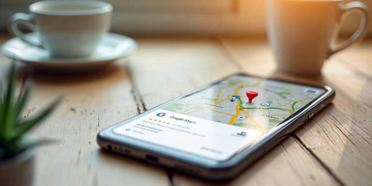 A close-up of a smartphone screen displaying a Google Maps business listing with star ratings and re