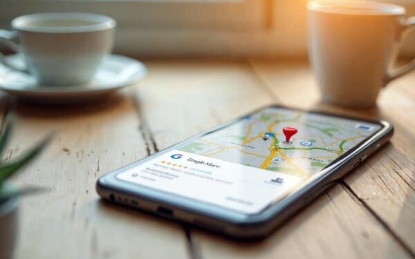 A close-up of a smartphone screen displaying a Google Maps business listing with star ratings and re