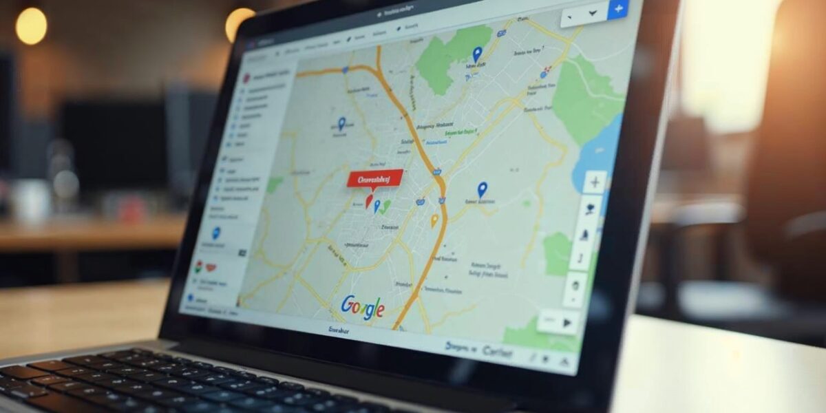 A close-up of a laptop screen showing a Google Maps interface with a business listing marked as unav