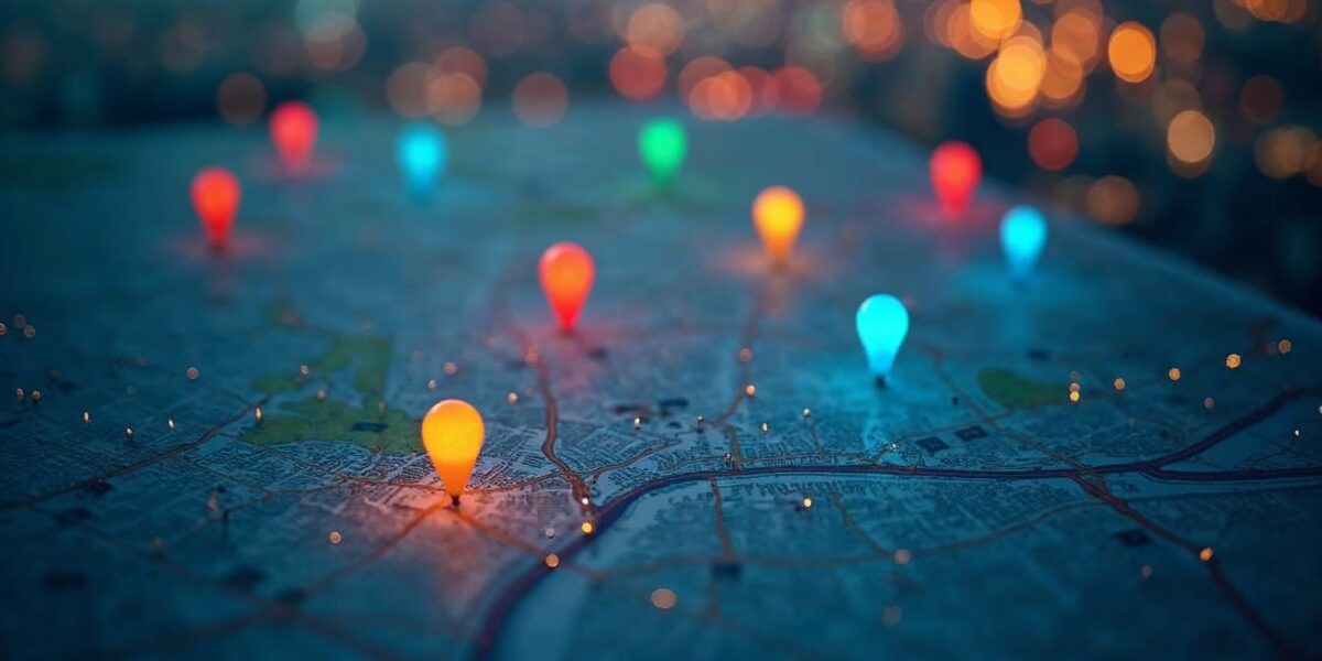 Aerial view of a city map with multiple location pin markers in different colors scattered across di