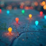 Aerial view of a city map with multiple location pin markers in different colors scattered across di