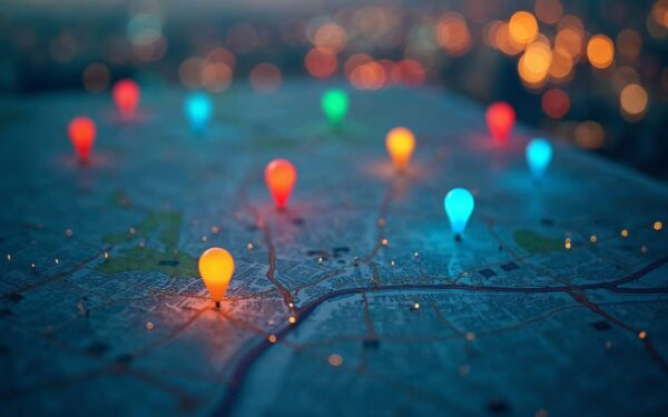 Aerial view of a city map with multiple location pin markers in different colors scattered across di