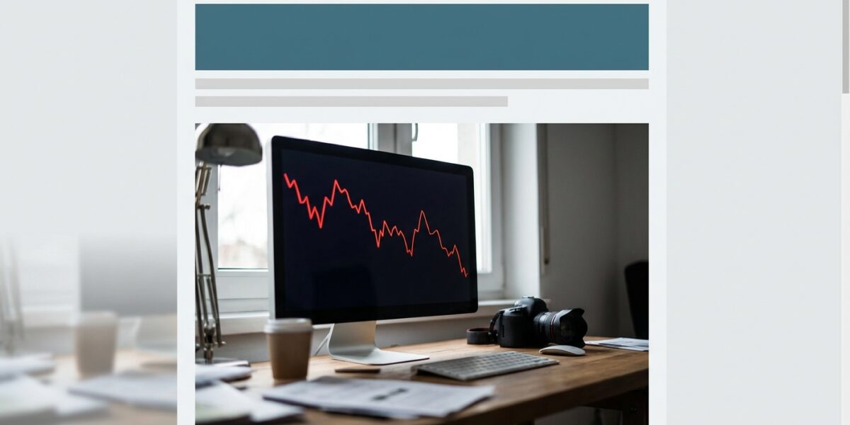 A dramatic downward-trending analytics graph on a dark monitor screen showing organic search traffic