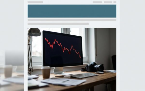 A dramatic downward-trending analytics graph on a dark monitor screen showing organic search traffic