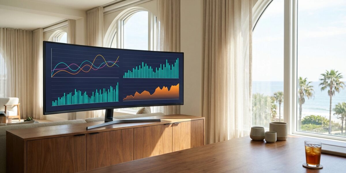 A clean, modern analytics dashboard displayed on a large monitor showing organic traffic growth char