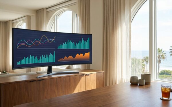 A clean, modern analytics dashboard displayed on a large monitor showing organic traffic growth char