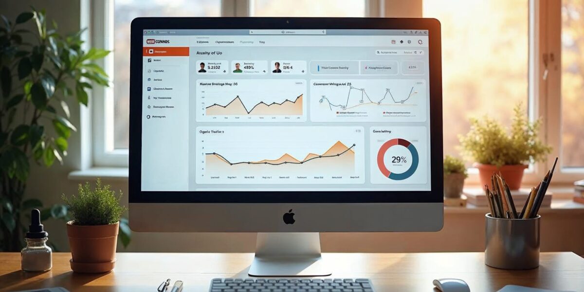 A clean, modern e-commerce dashboard displayed on a desktop monitor showing WooCommerce product list